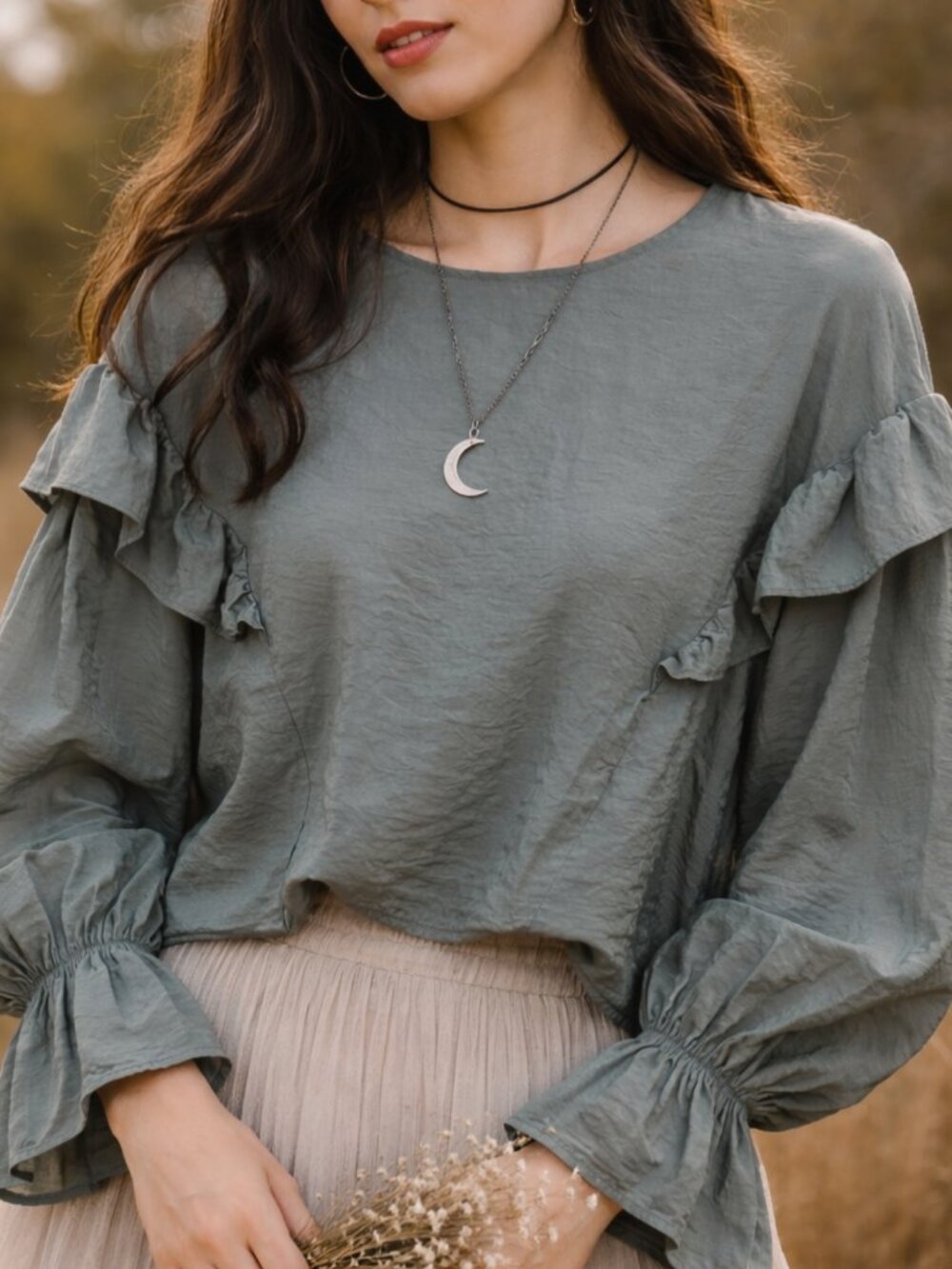 Sage Ruffle Taffeta Blouse Romantic Gothic Prairie Witchy Size L Prologue